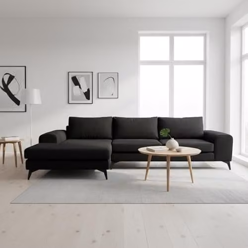 Abakus Direct Venice Modern L-Shaped Corner Sofa in Black Fabric with Scatter Cushions, Left Hand Facing, W/D/H: 289 x 146 x 81 cm