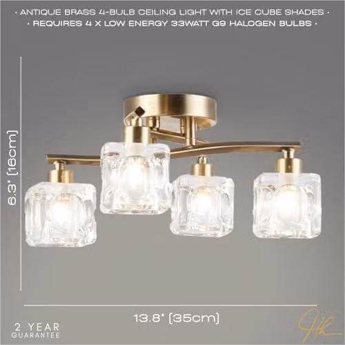 Happy Homewares Modern 4-Bulb Ceiling Light in Antique Brass with Transparent Square Ice Cube Glass Shades, W/D/H: 35 x 35 x 35 cm – 2