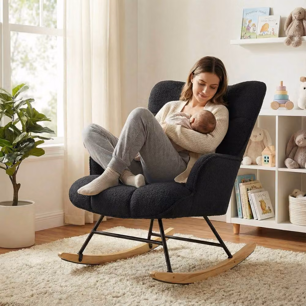 Alivio Black Teddy Bouclé Rocking Armchair with High Backrest and Armrests for Nursery, Bedroom or Balcony, H 95 x W 52 x D 68 cm – 9