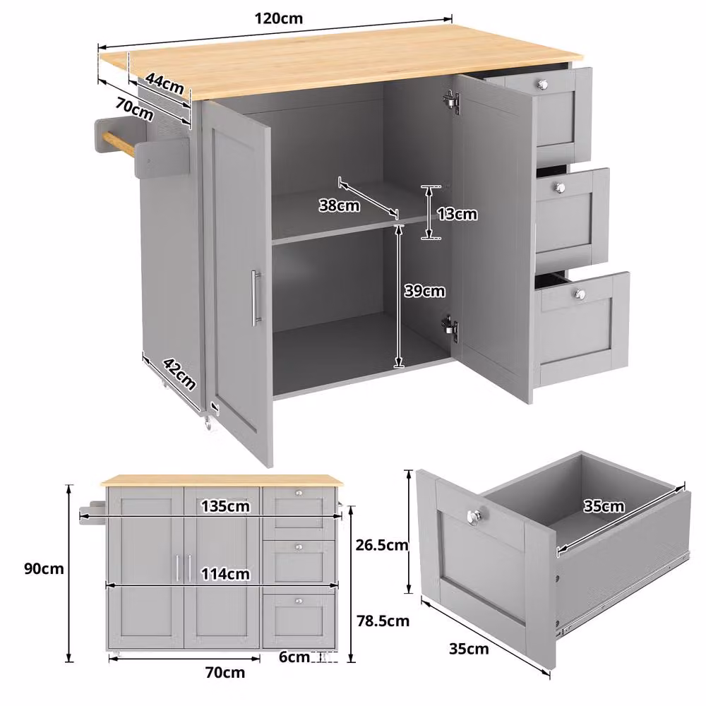 BTM Rolling Kitchen Island with Foldable Top, 3 Drawers and 2 Doors in Grey, H 90 x W 70 x D 70 cm – 4