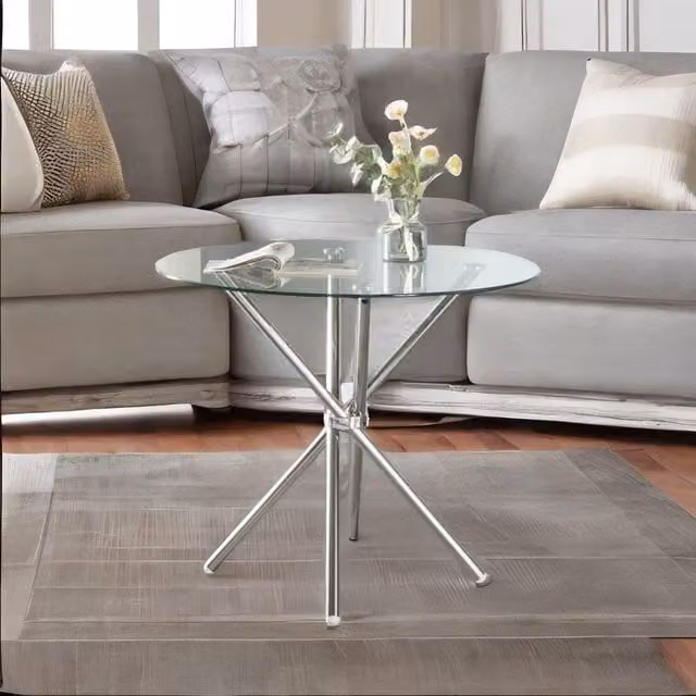 FURNOS Round Glass Coffee Table with Silver Stainless Steel Legs, Diameter: 90 cm, Height: 75 cm