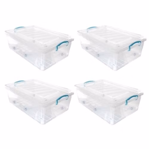 JVL Set of 4 Plastic Lidded Underbed Storage Boxes with Wheels, Stackable and Nestable, Transparent, 30L – 1