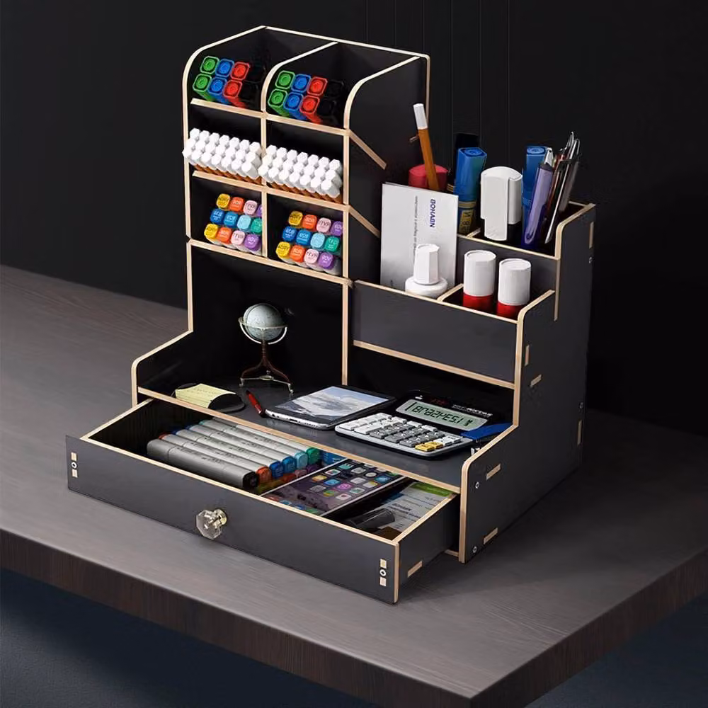 PAWNORA Multi-Compartment Office Study Desk Organiser in Black Wood – 3