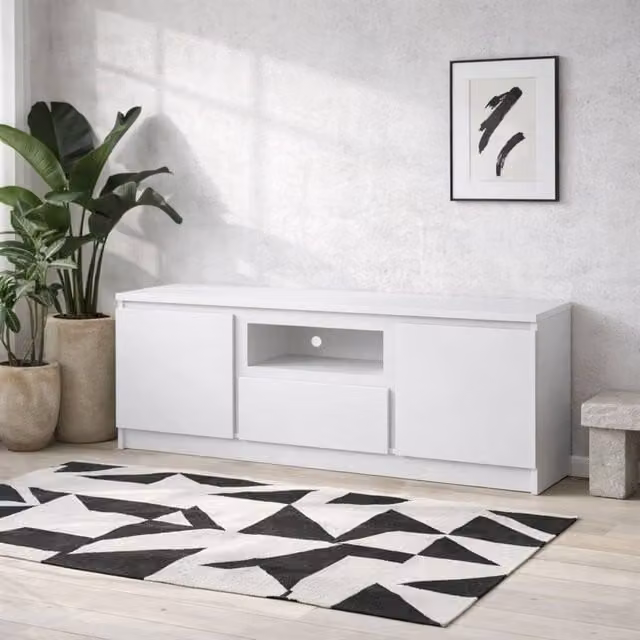 Wyld Haus Hemingway White Wooden TV Cabinet with 2 Doors and 1 Drawer W: 136 cm, D: 45 cm, H: 51.1 cm