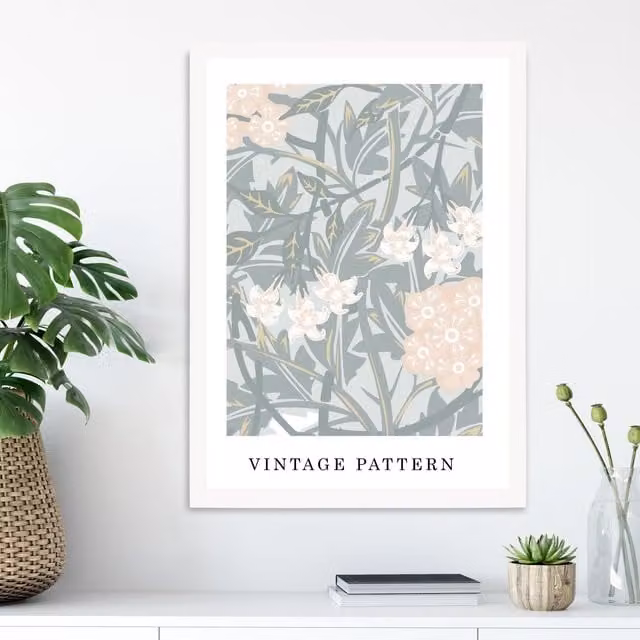 ARTZE William Morris Jasmine Floral Art Print in Green and Peach with White Frame, A4 – 1