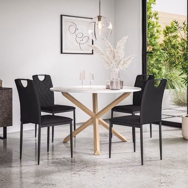 More4Homes Malvern Round Marble Effect Dining Table Set with 4 Monza Chairs in Black and White, W/D/H: 120 x 120 x 75 cm