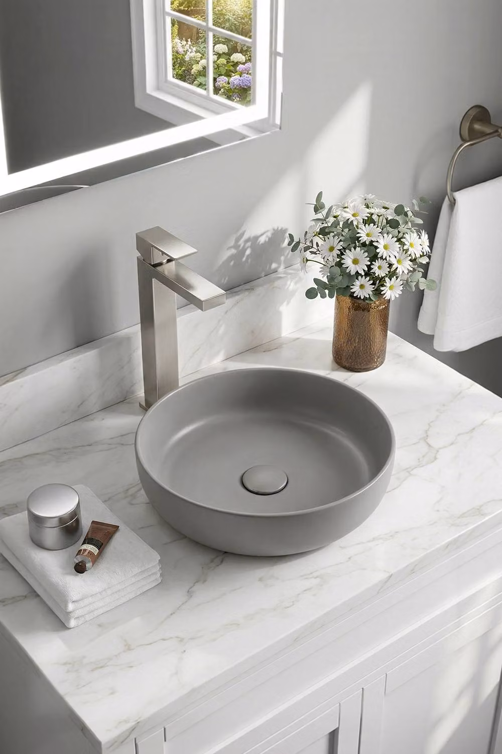 Living and Home Round Ceramic Countertop Vessel Washbasin Sink in Grey, W: 40 cm, D: 40 cm, H: 10 cm – 2