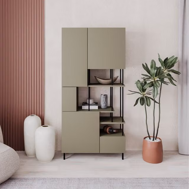 Decortie Modern 5-Door Bookcase Cabinet with Open Shelves in Green, Grey and Sand, H: 175 cm, W: 84 cm, D: 34 cm