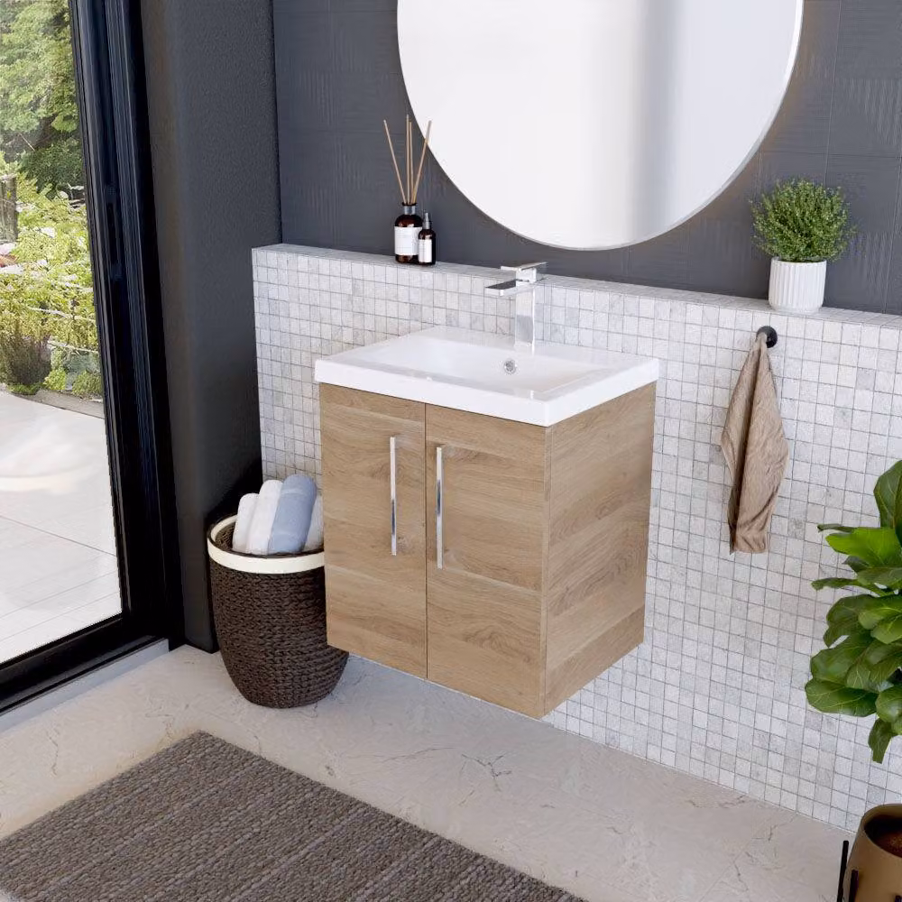 Balterley Contemporary Wall Hung Bathroom Vanity Unit with Mid-Edge Ceramic Basin, Bleached Oak Brown, W: 50 cm – 4