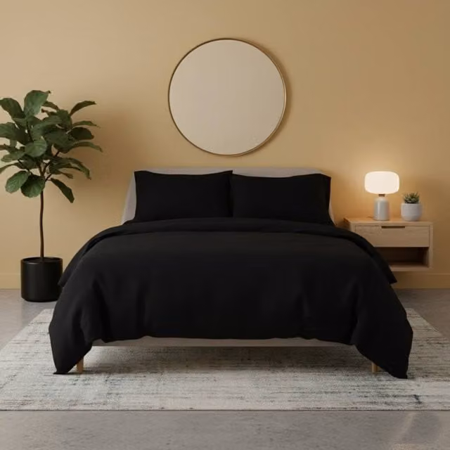 Snug City Black Flannelette Cotton Duvet Cover and Pillowcase Set, W/D/H: 140 x 200 cm