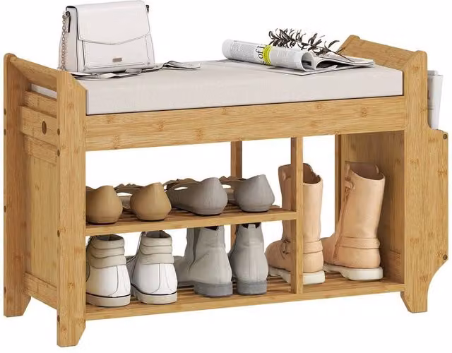NESTLUNE Shoe Bench with Cushioned Seat in Natural and Beige, W/D/H: 100 x 15 x 15 cm