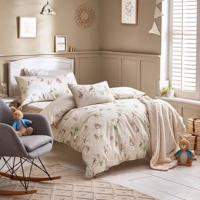 Peter Rabbit Classic Reversible Cotton Duvet Cover Set - Multicolour, Beige and Silver, 90 x 200 cm