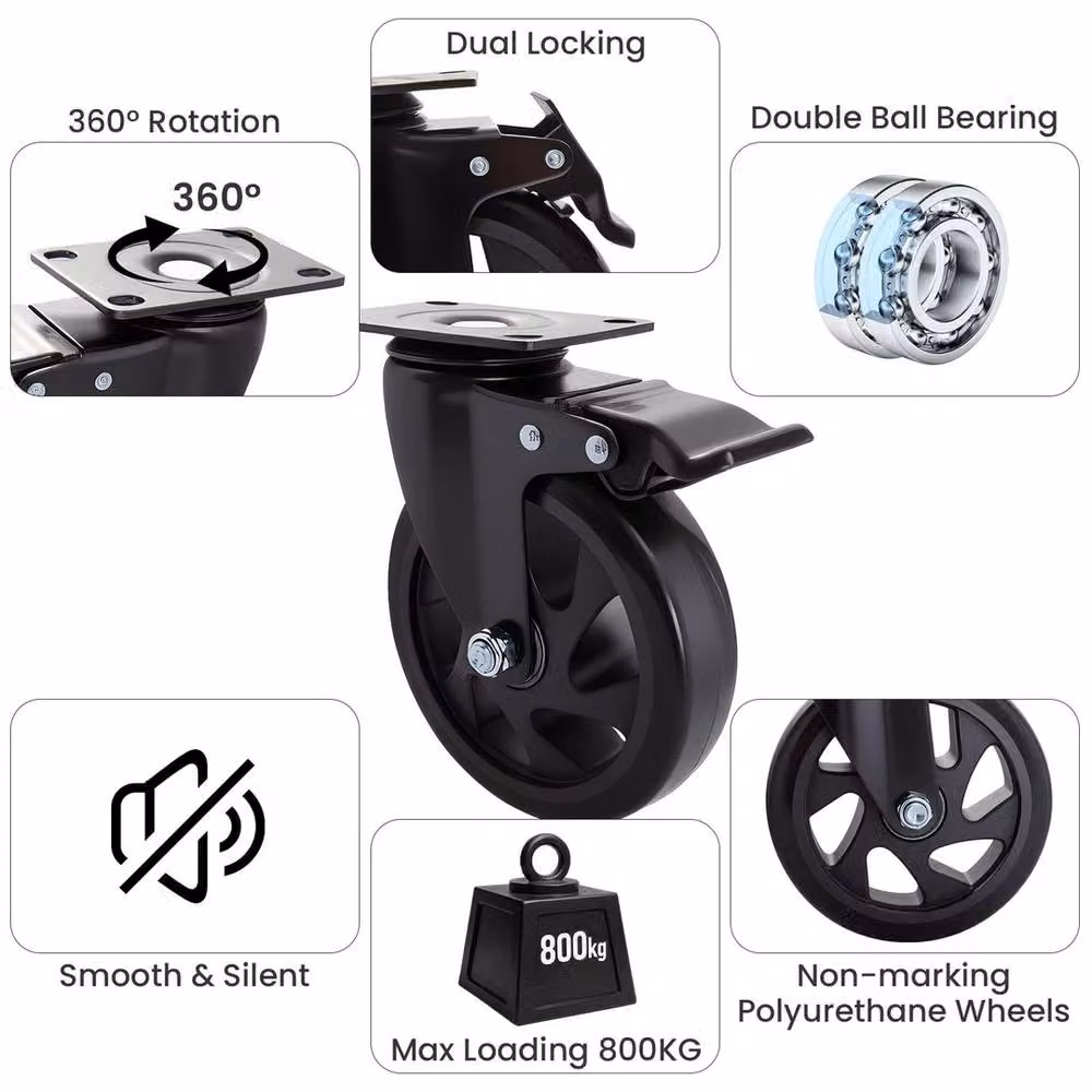 Havendro 4-Piece Set of 125mm Black Steel and Rubber Swivel Casters with Brake, 800kg Capacity – 3