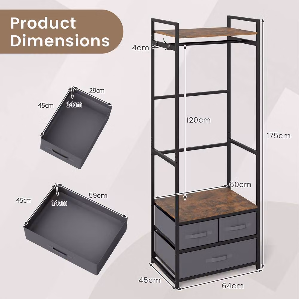 Costway Heavy Duty Industrial Clothes Rack with Drawers and Shelves in Brown and Black – 6