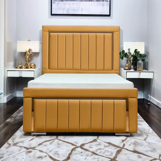 UK Bed Furniture Princess Upholstered Slatted Base Bed with 48 Inch Panel Headboard in Yellow, W/D/H: 120 x 200 cm