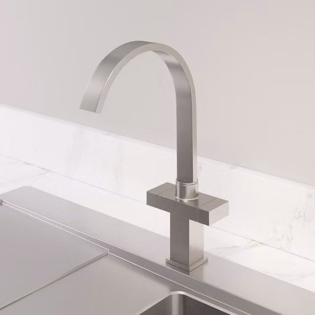 Kitchflow Twin Lever Kitchen Mixer Tap with Swivel Spout in Brushed Steel