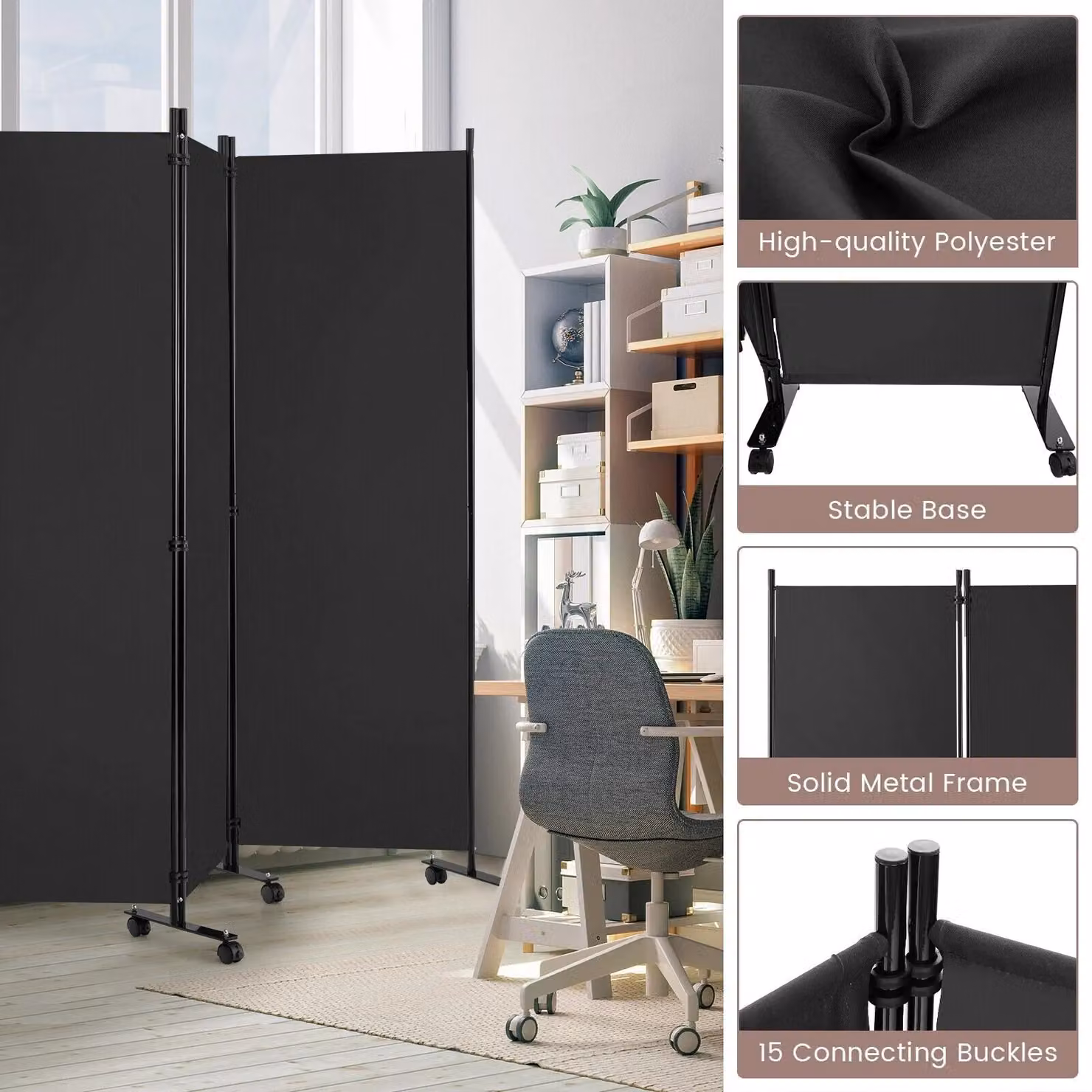 Costway 6-Panel Folding Room Divider Privacy Screen with Lockable Wheels, Grey, Height: 172 cm – 4