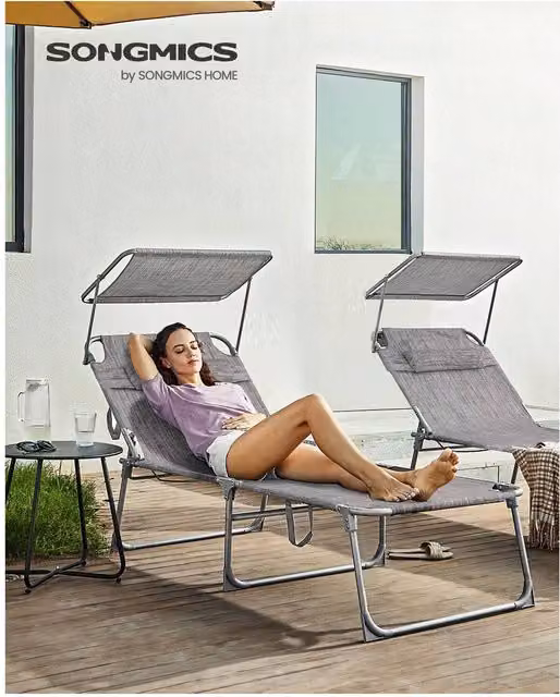 SONGMICS Sun Lounger with Adjustable Headrest and Sun Canopy in Grey