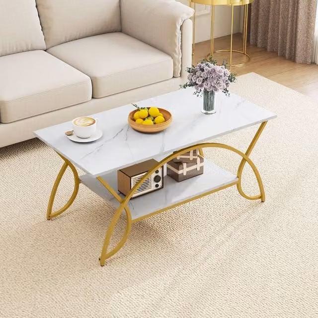 Costway Modern 2-Tier Faux Marble Coffee Table with Shelf in White and Gold