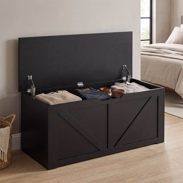 STILVORA Black Modern Storage Chest with Safety Hinges and Seat Top, W/D/H: 161 x 45 x 40 cm