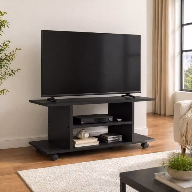STILVORA Black Minimalist TV Unit with Media Compartments and Matt Finish – 1