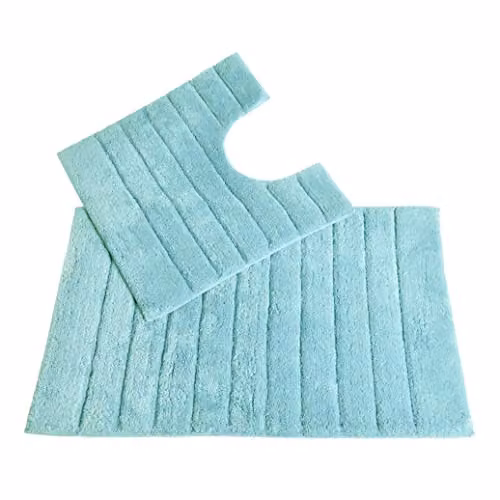 Allure Bath Fashions 2 Piece Ribbed Cotton Bath and Pedestal Mat Set in Duck Egg Blue – 1
