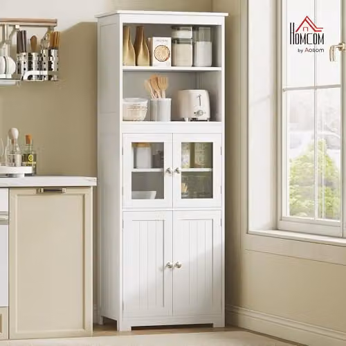 HOMCOM Freestanding 4-Door Kitchen Larder Cupboard with Glass Doors and Internal Shelves, White, W: 60.0 cm, D: 30.0 cm, H: 162.0 cm – 2
