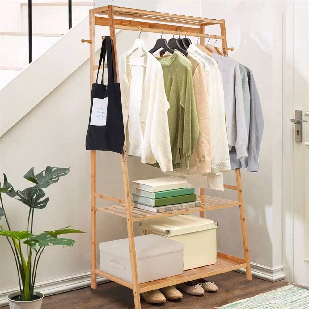 NESTLUNE Natural Wood Portable Heavy Duty Garment Rack and Clothes Rail in Brown, W/D/H: 100 x 15 x 15 cm – 3