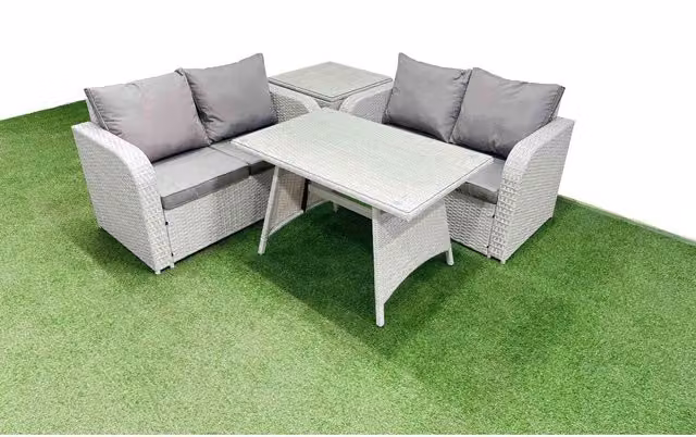 Fimous 4-Seat Outdoor Rattan Love Sofa Set with Rectangular Dining Table and Side Table, Light Grey