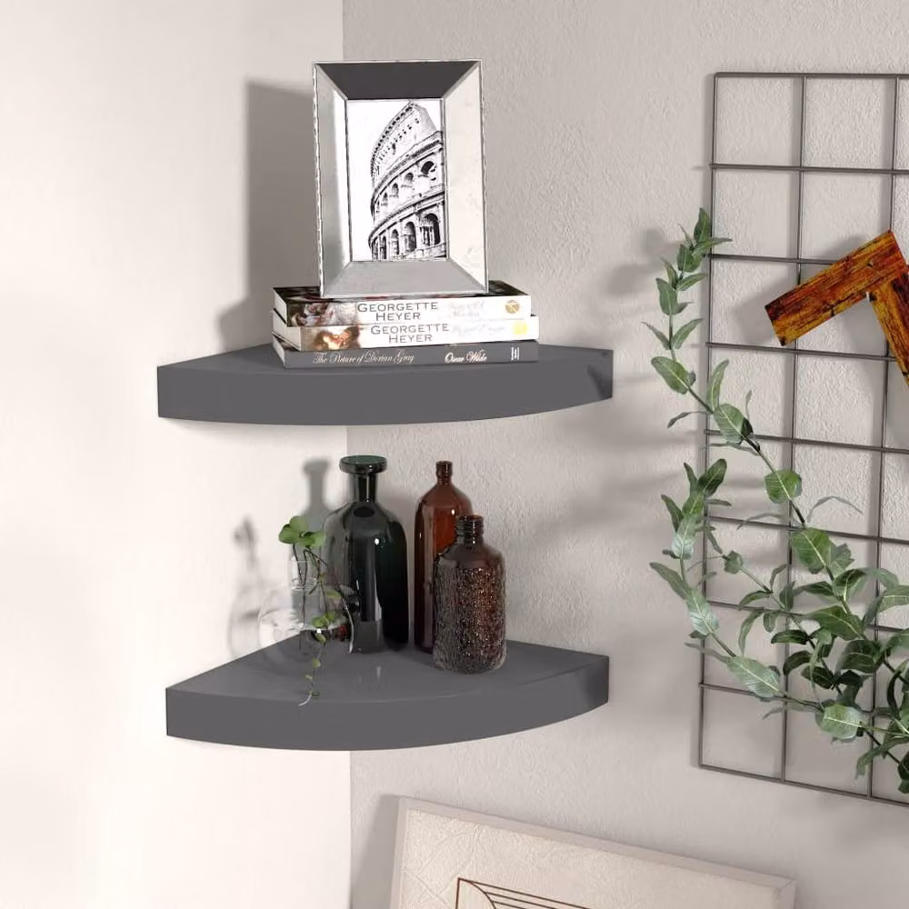 Berkfield Home Durable Floating Corner Shelves, 2 Pack, High Gloss Grey, W/D/H: 25 x 25 x 3.8 cm – 2