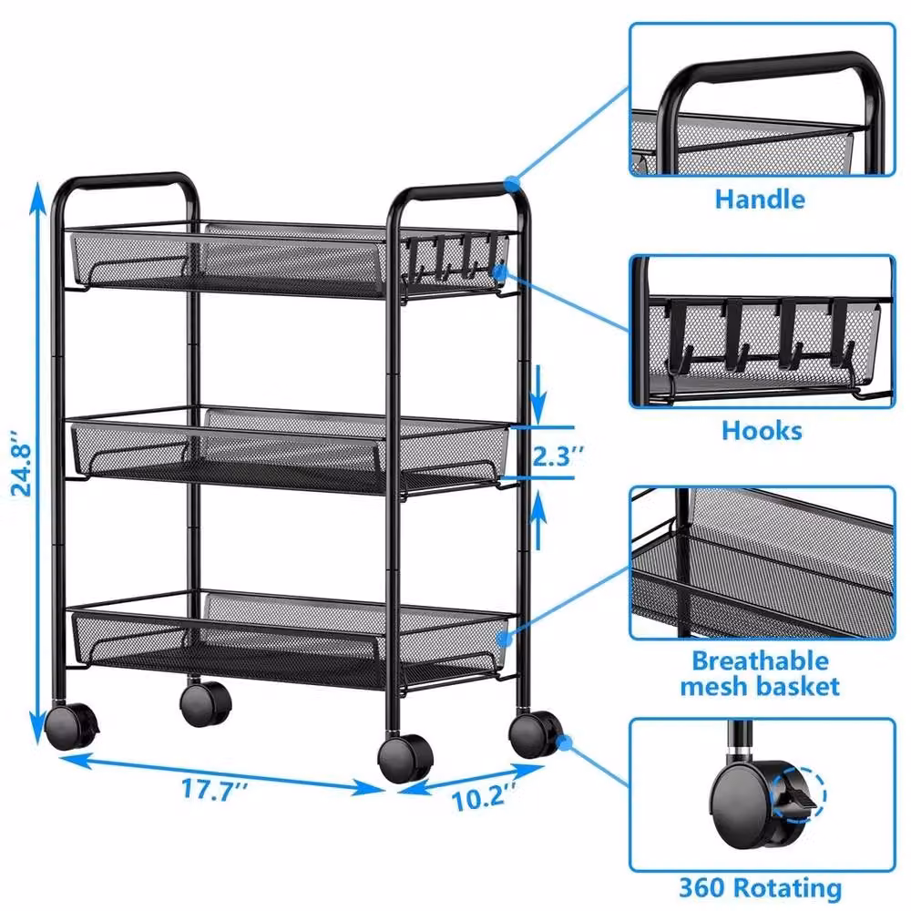 VOGREX 3-Tier Black Metal Kitchen Trolley Rolling Utility Storage Cart – 2