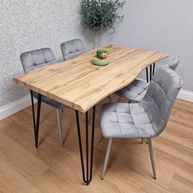 KOSY KOALA Modern Dining Table Set with 4 Grey Velvet Chairs, Brown Wood and Metal, Rectangular – 1