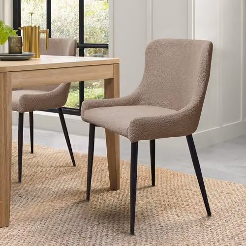 Bentley Designs Rubens Modern Bouclé Upholstered Dining Chairs with Armrests, Beige and Black (Pair)