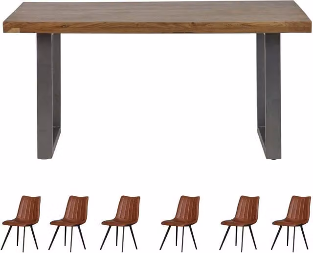 IH Design Cosmopolitan Industrial Rectangular 6 Seater Dining Table and 6 Chairs Set in Brown Wood and Metal