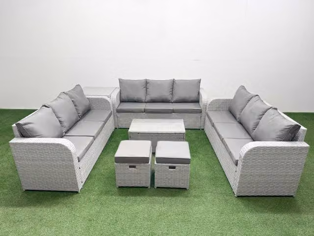 Fimous 11 Seater PE Rattan Outdoor Garden Furniture Set in Light Grey with 3 Seater Sofa, Coffee Table and Ottomans