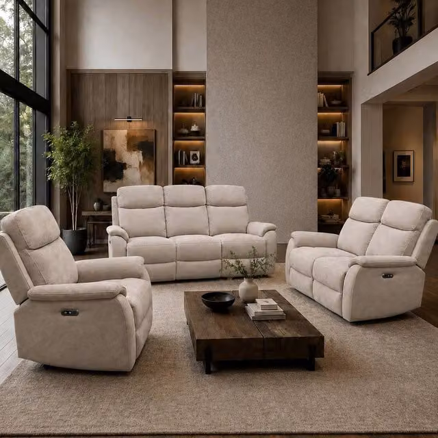 Aspire Richmond 3+2+1 Power Recliner Sofa Suite in Natural Chenille Fabric – 1
