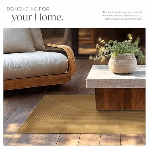 tectake Woven Jute-Look Boho Area Rug, Weather-Resistant Polypropylene Carpet for Indoor and Outdoor Use, W/L: 80 x 150 cm – 4