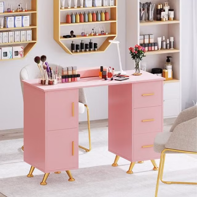 Costway Pink Nail Tech Station Writing Desk with Drawer Unit