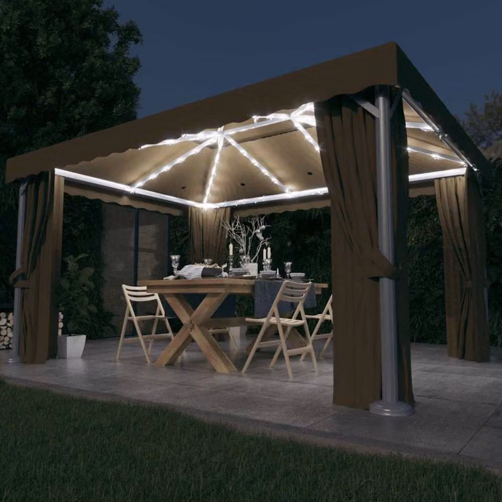 Berkfield Home Gazebo with Curtains and LED String Lights, Beige, W/D: 4 x 3 m – 2