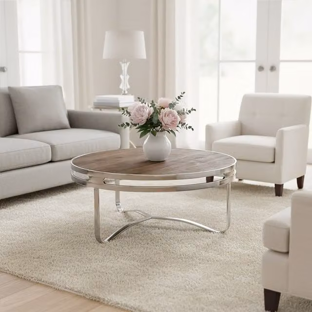 Fifty Five South Round Pine Wood and Metal Coffee Table in Brown and Silver