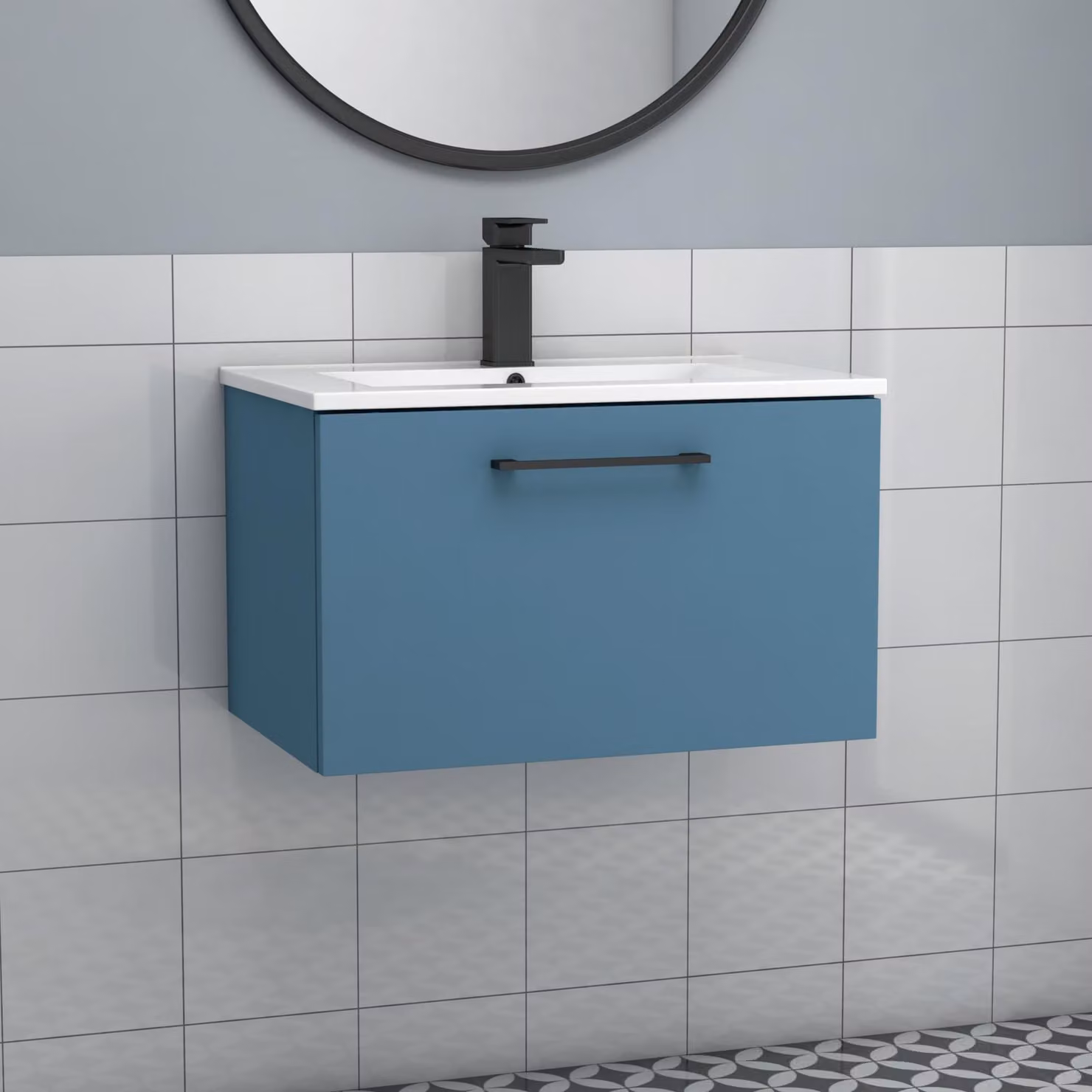 Royal Bathrooms Modena 800mm Wall Hung Vanity Unit in Satin Blue with Minimalist Basin and Black Handle
