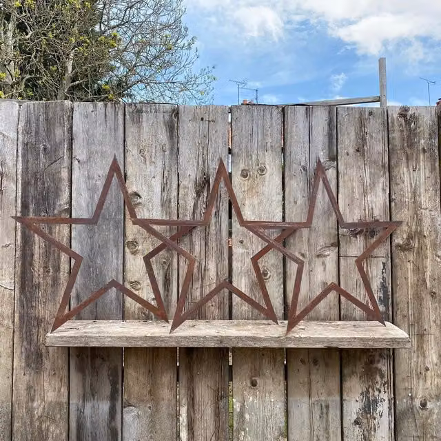 RW Norfolk Set of 3 Rusted Metal Star Garden Wall Decorations in Brown