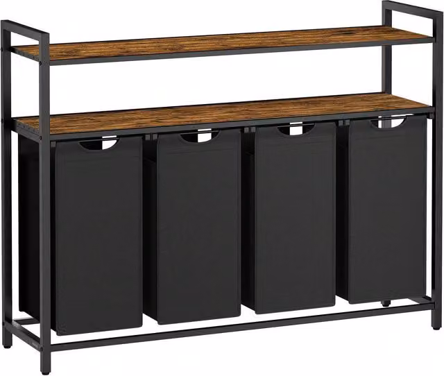 VASAGLE Laundry Basket Hamper with Shelves and 4 Removable Bags, Black, W/D/H: 92 x 33 x 33 cm