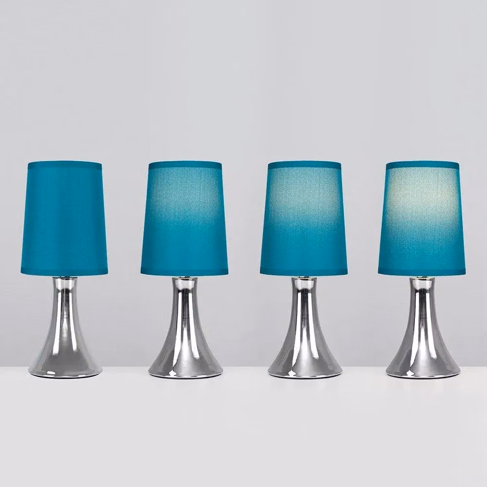 ValueLights Modern Chrome Trumpet Touch Table Lamp with Turquoise Teal Fabric Shade, Dimmable – 2