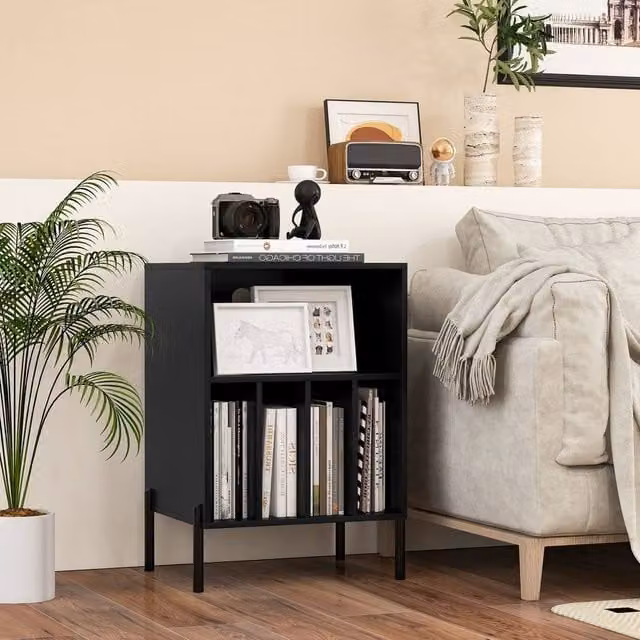 Costway Black Wooden Vinyl Record Player Stand with Integrated Charging Station and Media Compartments