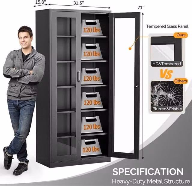 FORGEVIO Modern Black Metal Tall Filing Cabinet with Glass Doors and Adjustable Shelves – 1
