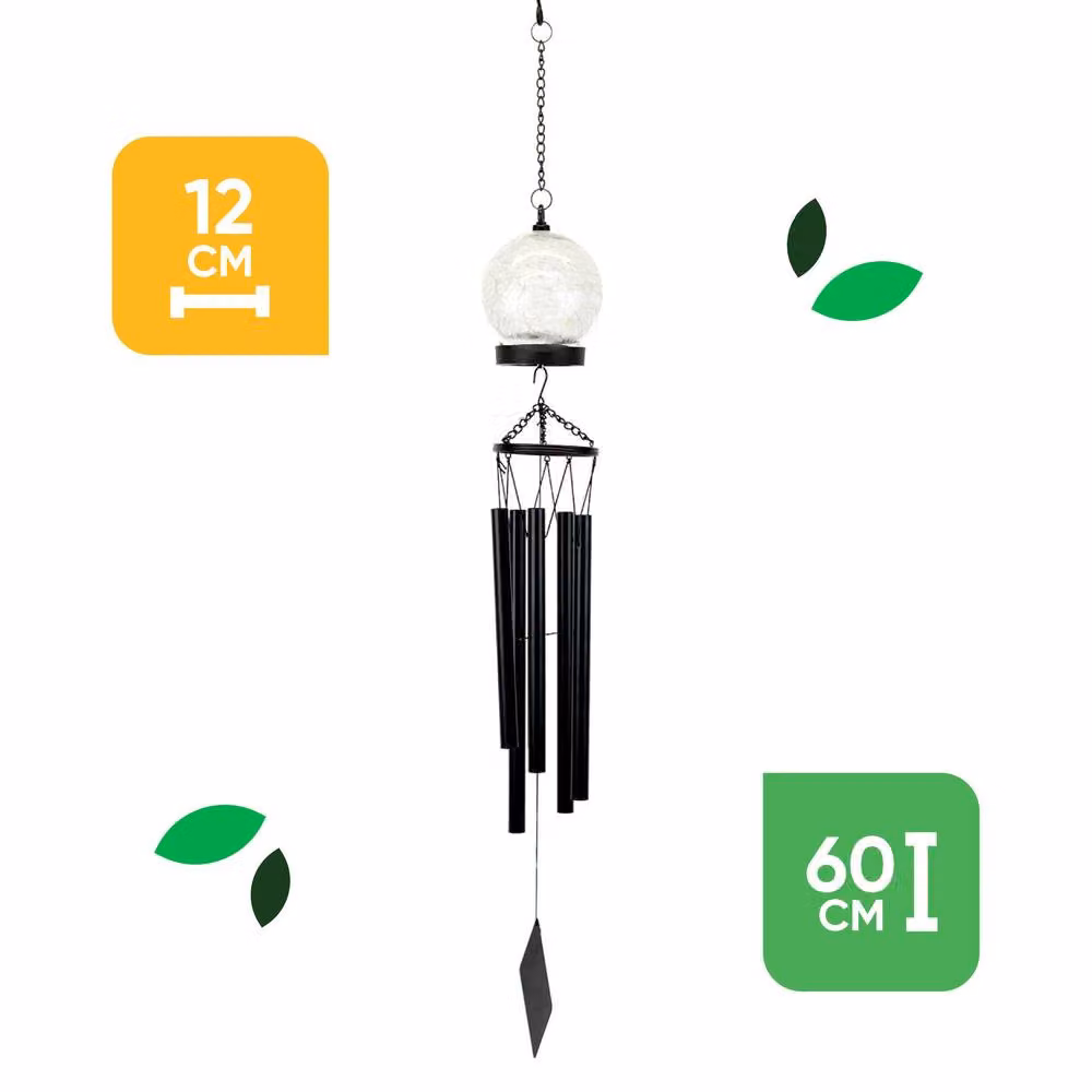 Gardenwize Solar Powered Black Crackle Glass Wind Chime with Warm White LED, Diameter: 12 cm – 2