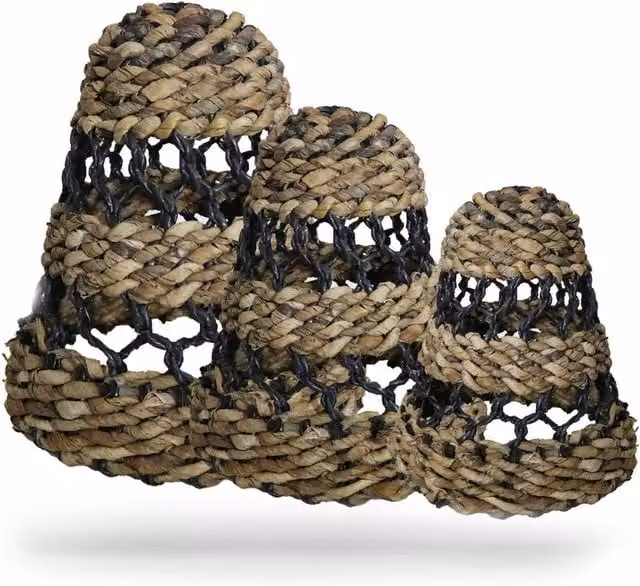 KDMD Set of 3 Boho Cone Lamp Shades in Natural Banana Leaf and Black Raffia