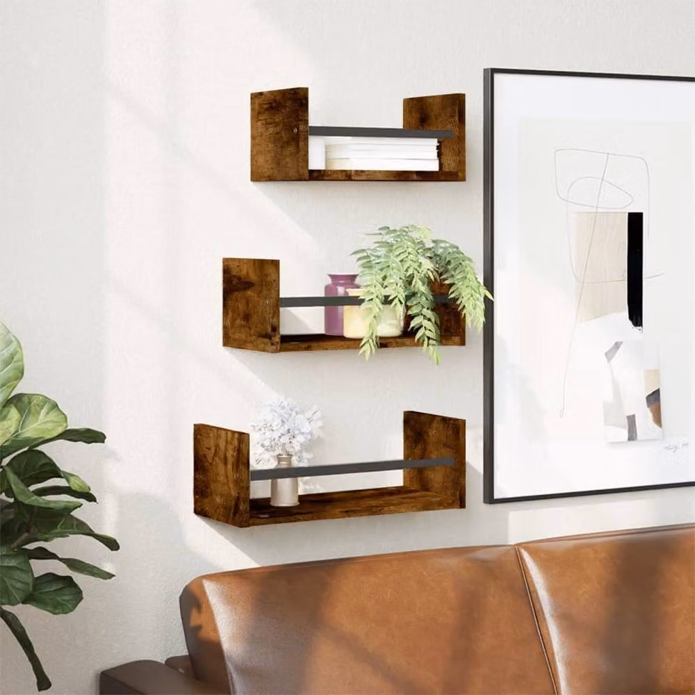 Berkfield Home 3 Piece Wall Shelf Set with Bars in Smoked Oak Brown – 2