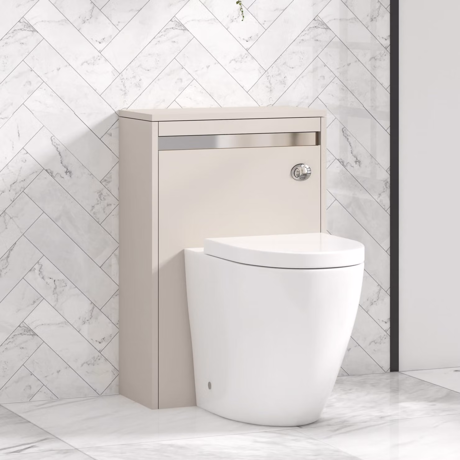 Royal Bathrooms Orion 540mm Warm Taupe Wall Mounted WC Unit with Elva Rimless Short Projection Ceramic Toilet Pan, Seat and Cistern with Chrome Accent Trim
